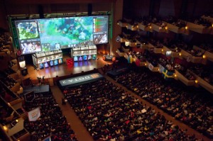Dota 2 pros play on-stage at The International 4. 